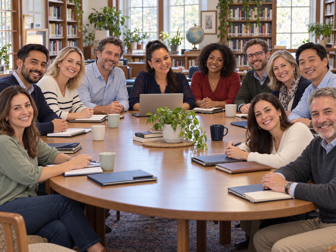 Claire entourée de son équipe de professeurs autour d'une table