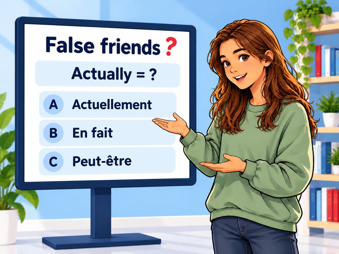 Une élève souriante montre au tableau la question « False friends, Actually = ? »